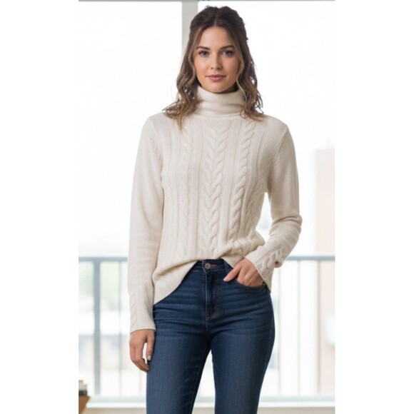 J. McLaughlin L Classic Cream Cable Knit mock neck wool/cashmere Sweater Preppy - Picture 1 of 6